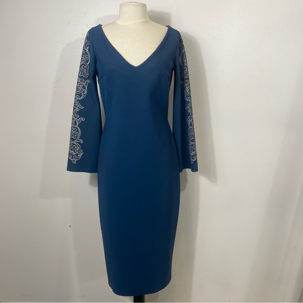 Chiara Boni Blue Long Sleeve Sheath Metallic Print Cocktail Formal Dress Medium